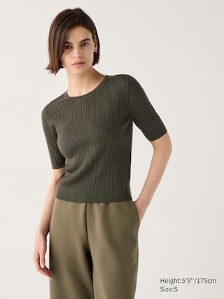 Womens Merino Ribbed Crew Neck Half Sleeve Sweater Olive 2XL UNIQLO US Product Image