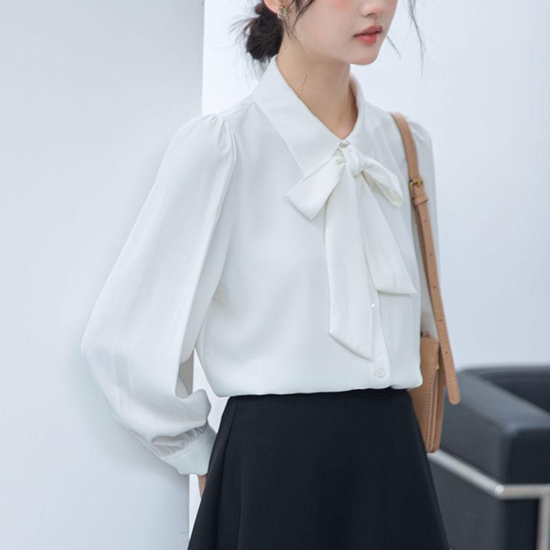 Long-Sleeve Ribbon Neck Plain Blouse Product Image