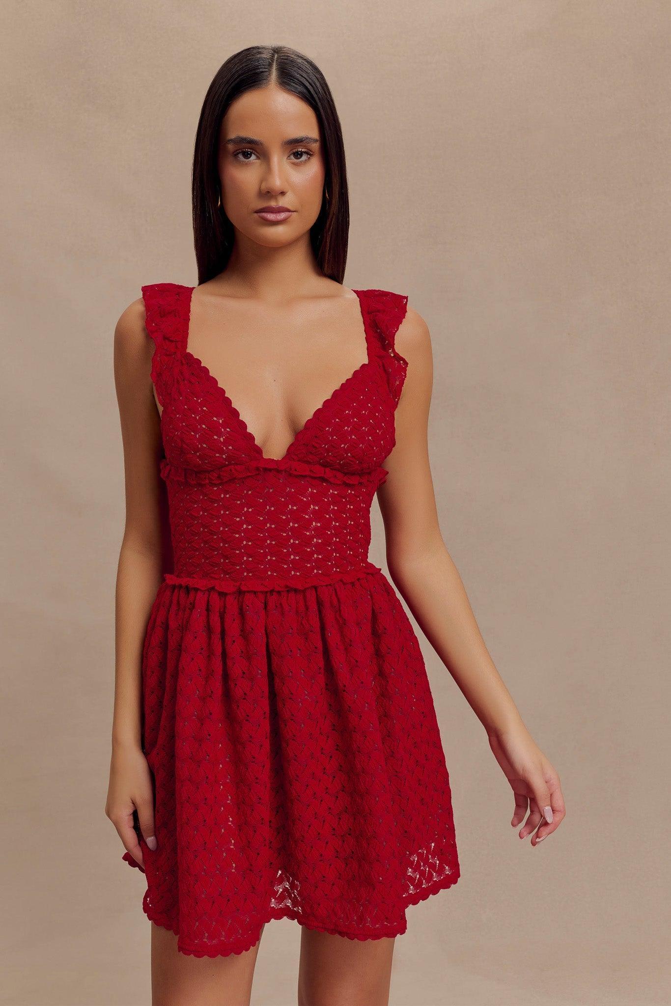 Ezra Lace Mini Dress - Deep Red Product Image