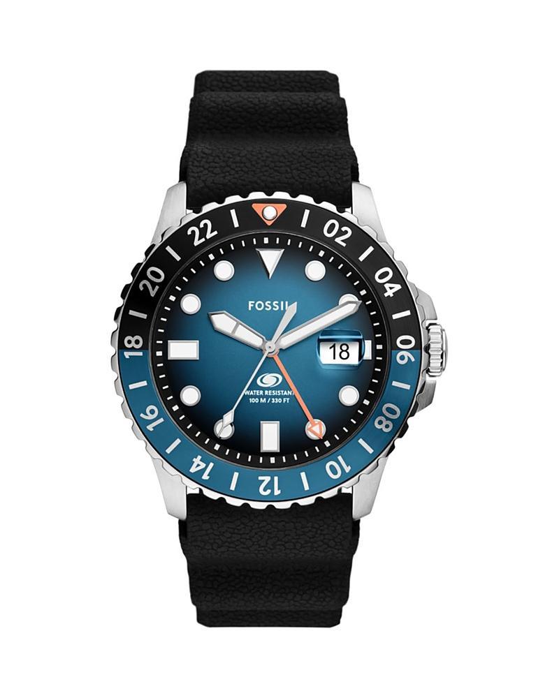 Fossil Mens Blue Greenwich Mean Time Black Silicone Watch 46mm Product Image