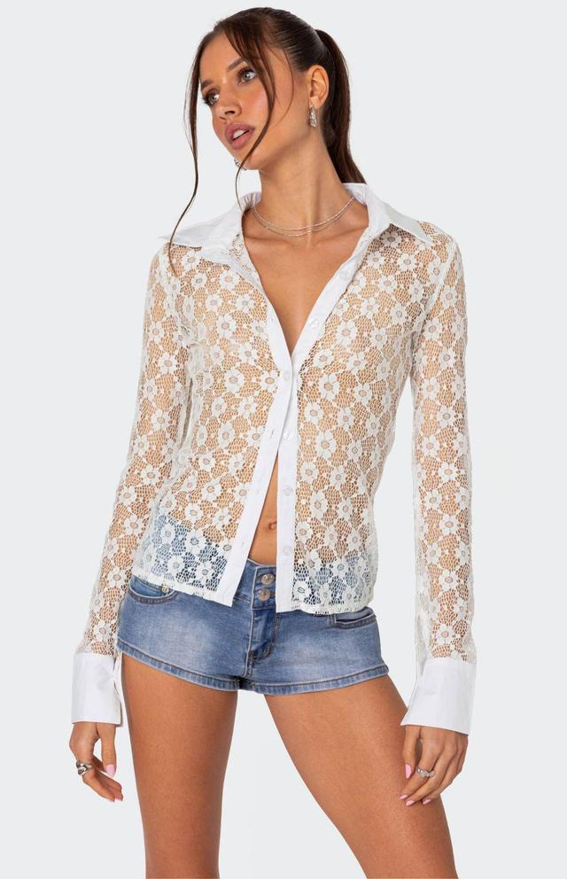 Edikted Women's Cecilia Sheer Lace Button Up Shirt Product Image