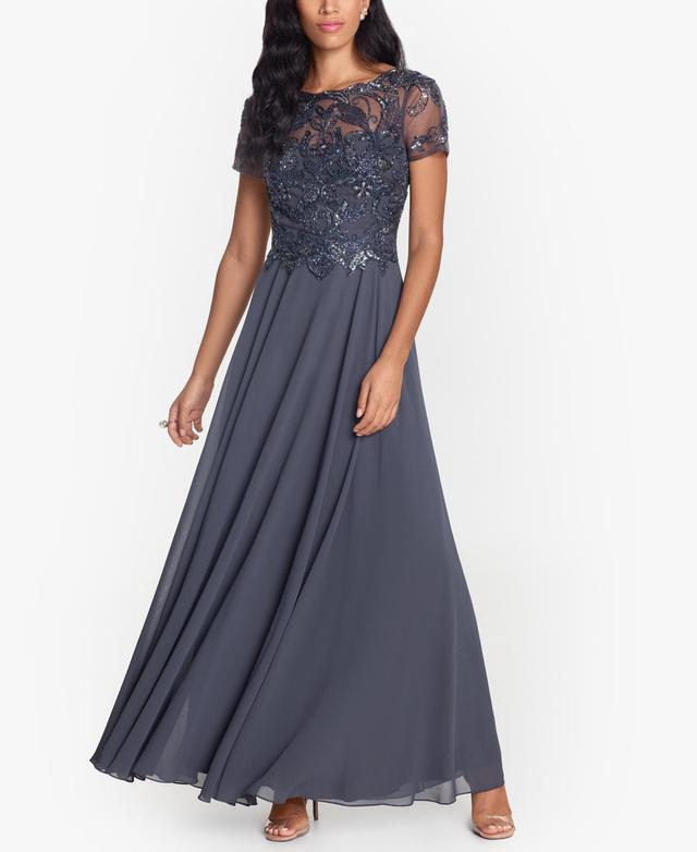 Xscape Beaded Bodice Round Neck Short Illusion Sleeve Chiffon Gown Product Image