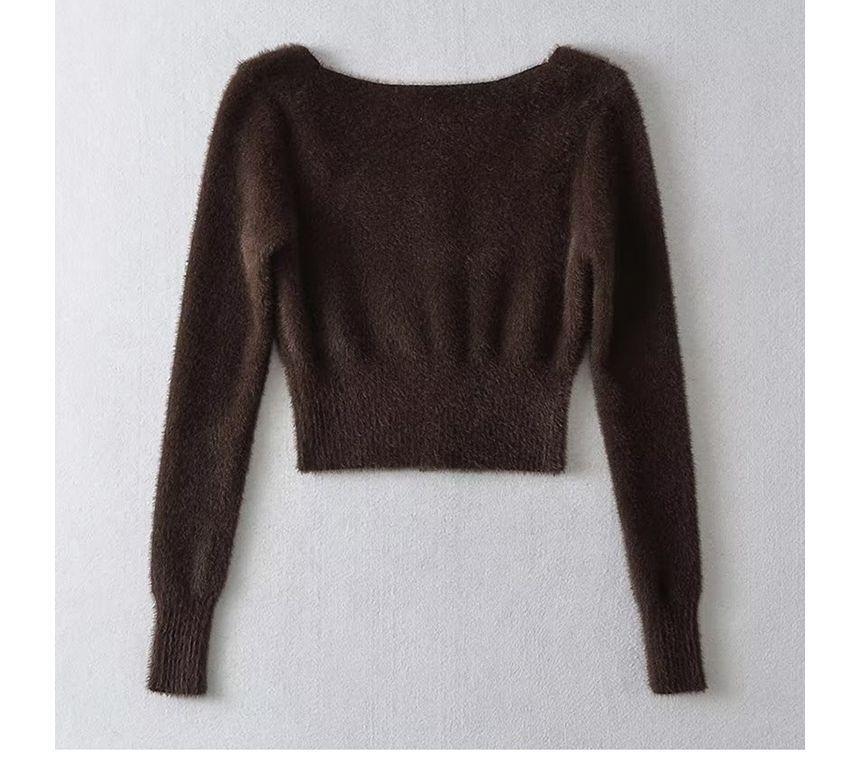 Long-Sleeve Square Neck Plain Button Crop Knit Top Product Image