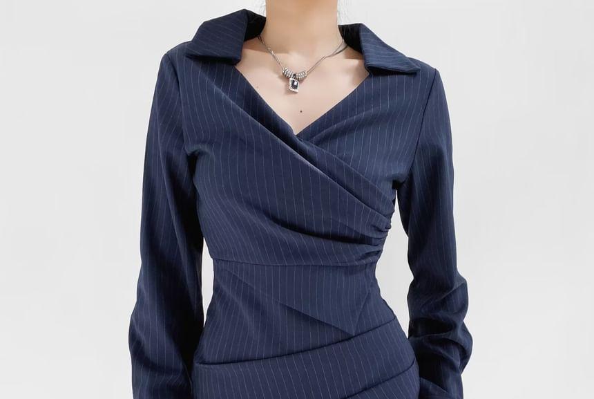 Long Sleeve V-Neck Collared Pinstriped Ruched Mini Sheath Wrap Dress product image