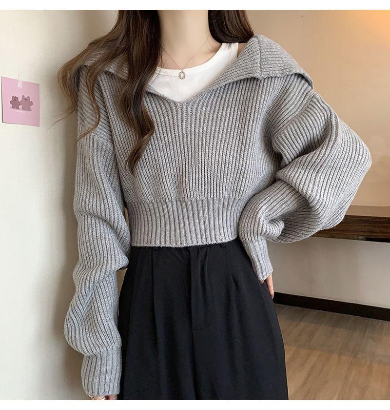 Cropped Sailor-Collar Loose Knit Sweater Product Image