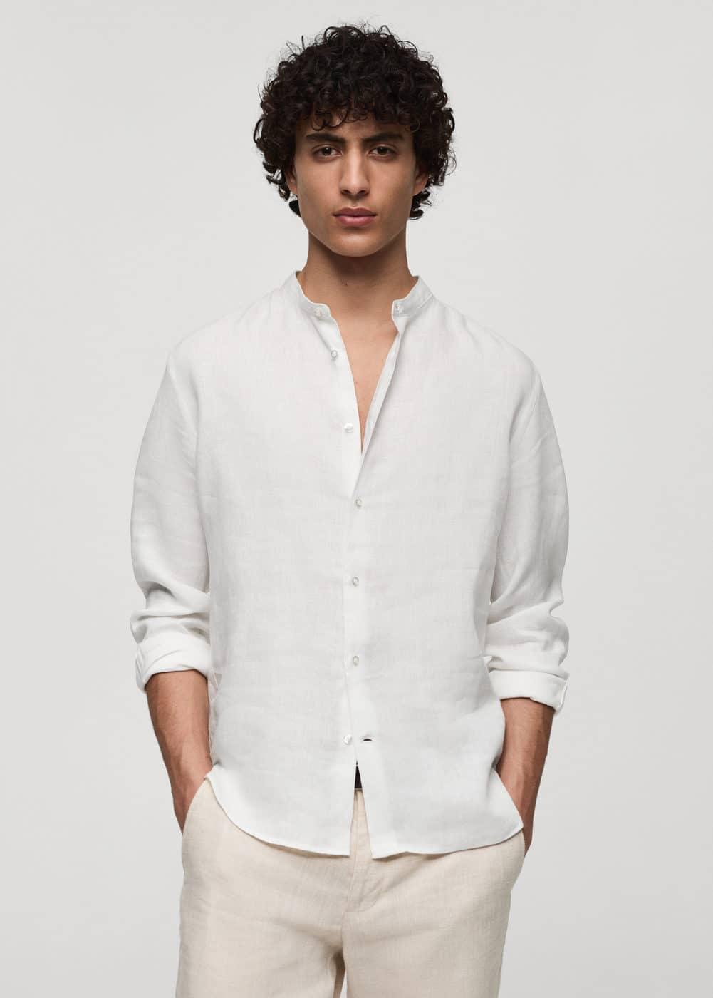 MANGO MAN - 100% linen Mao collar shirt whiteMen Product Image