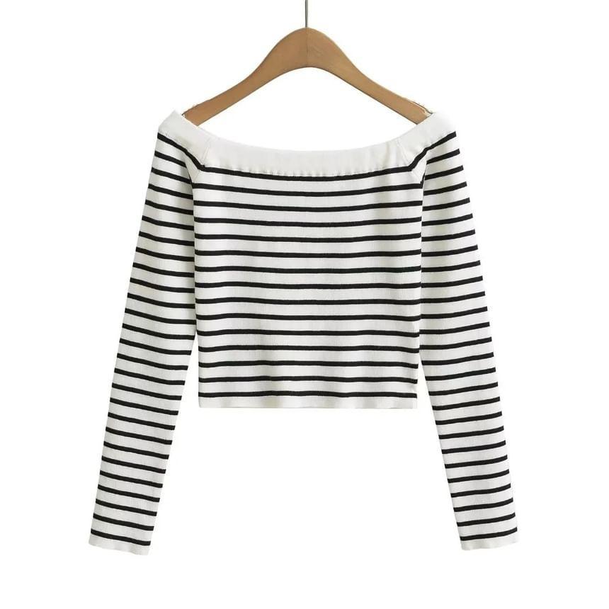 Long-Sleeve Off Shoulder Striped Crop Knit Top Product Image