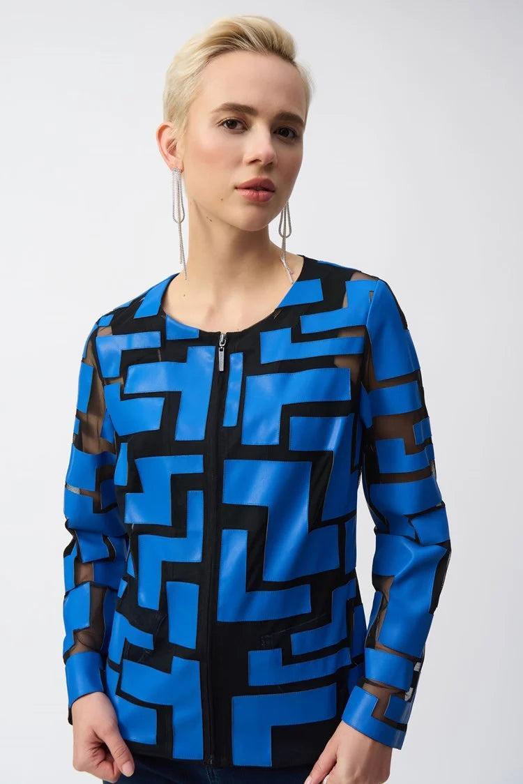 Mesh & Leatherette Fitted Jacket - Coastal Blue/Black Product Image