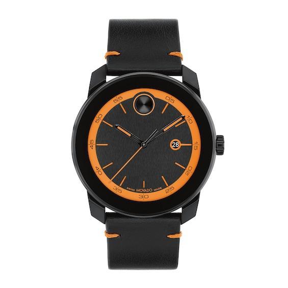 Movado Bold Mens TR90 Quartz Analog Orange Detail Black Leather Strap Watch Product Image