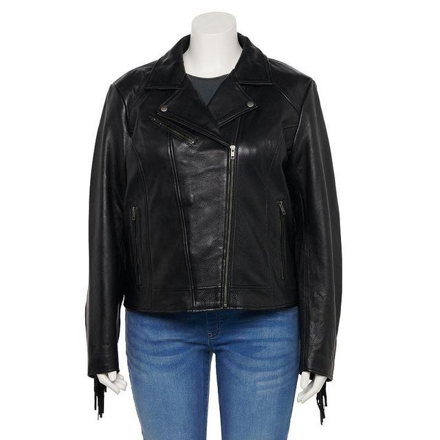 Plus Size Whet Blu Daisy Fringe Asymmetrical Leather Jacket, Womens Black Product Image