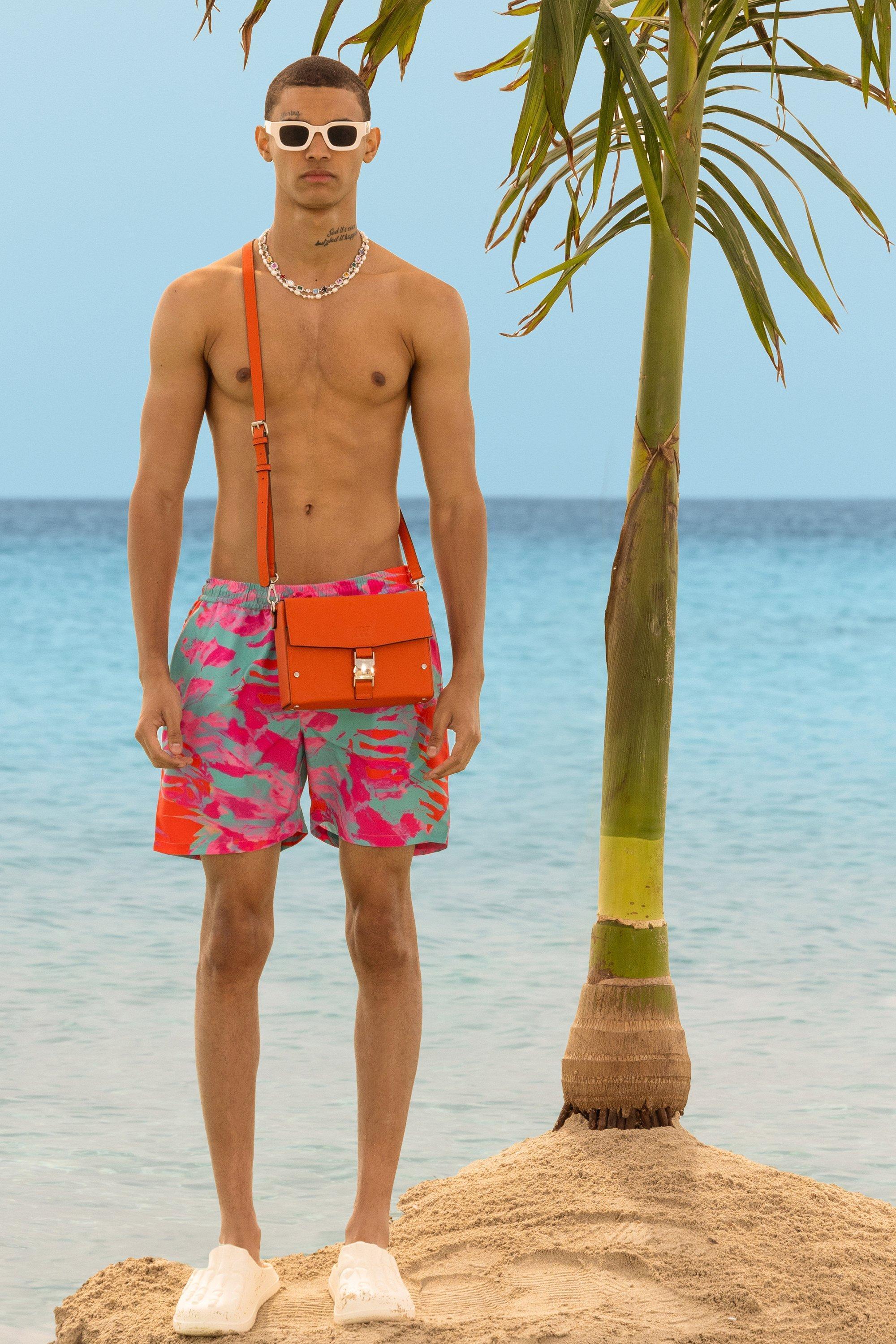 Mens Pink Mid Length Abstract Swim Short, Pink Product Image