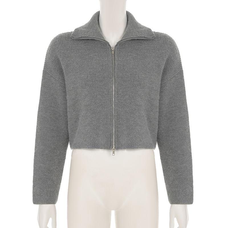 Stand Collar Plain Ribbed Knit Zip Up Cropped Cardigan Product Image