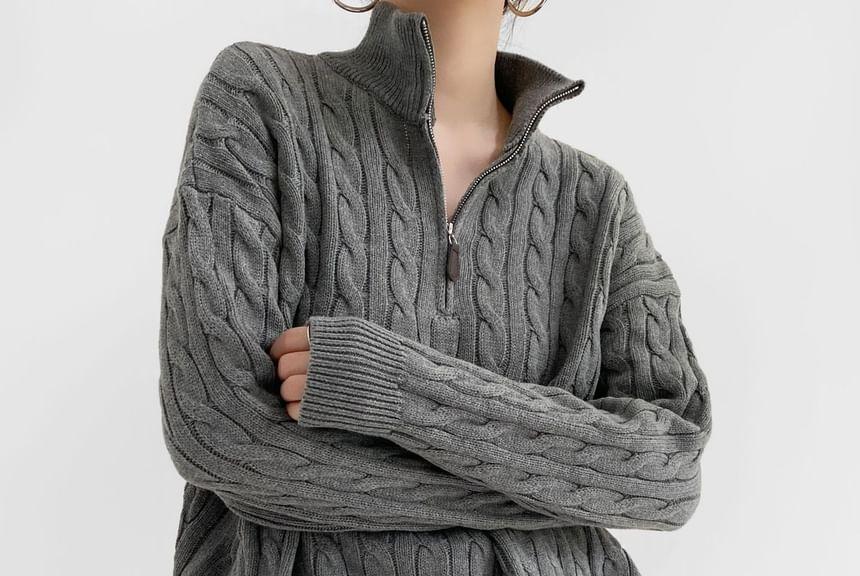 Drop Shoulder Half Zip Cable Knit Oversized Sweater product image