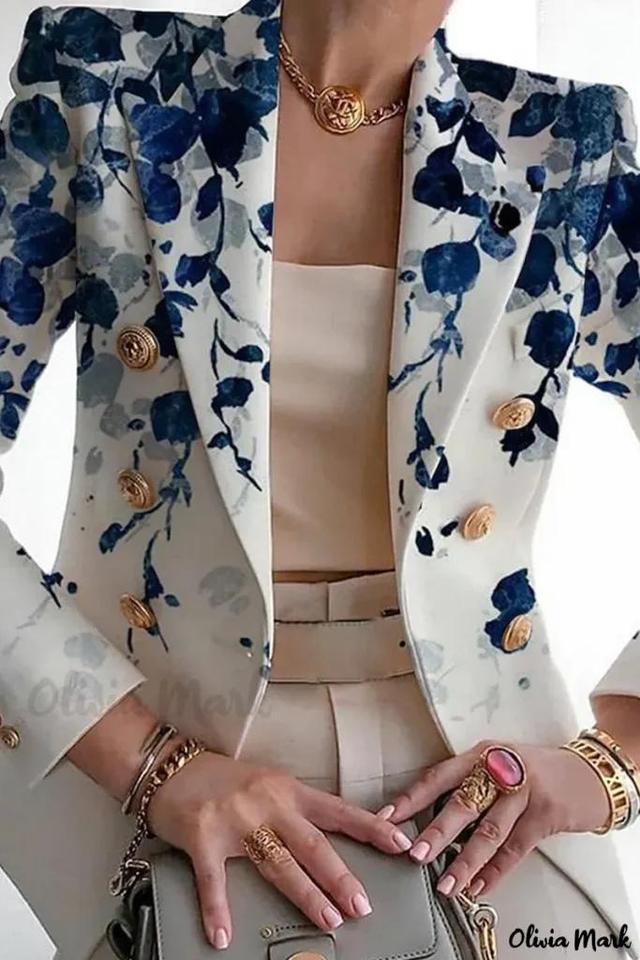 Olivia Mark – Professional Womens Blue and White Casual Print Patchwork Cardigan with Turn-back Collar – Fashionable Outerwear Product Image