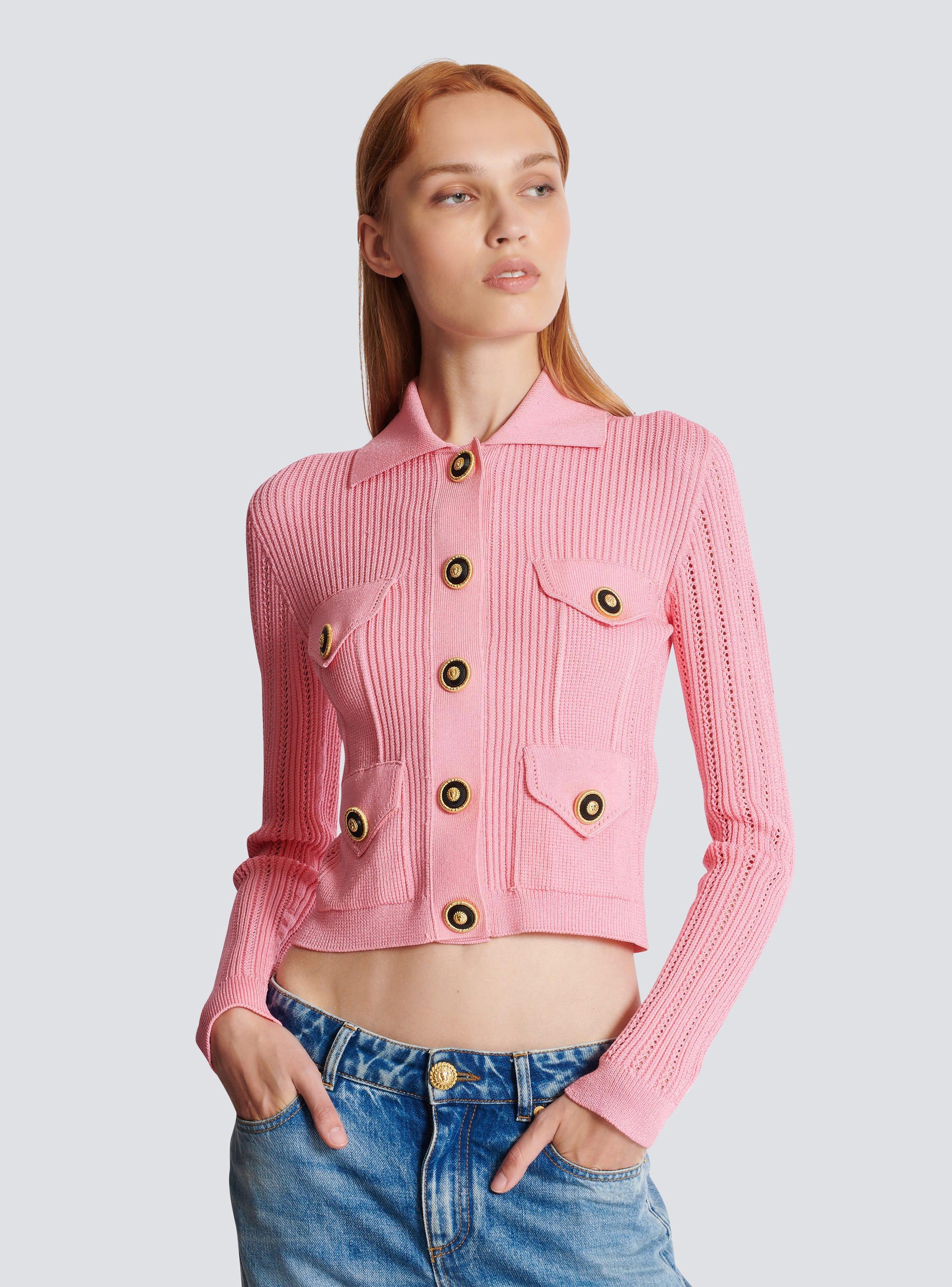 Cropped ribbed knit cardigan with openwork details Product Image