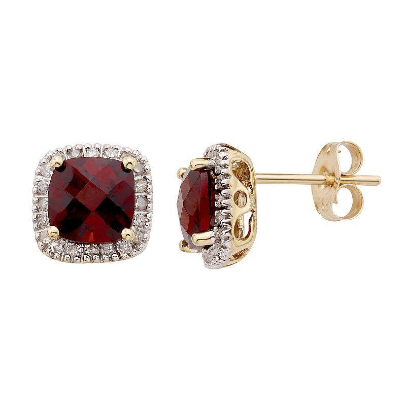 Garnet and 1/6 Carat T.W. Diamond 10K Gold Halo Button Stud Earrings, Womens, Red Product Image