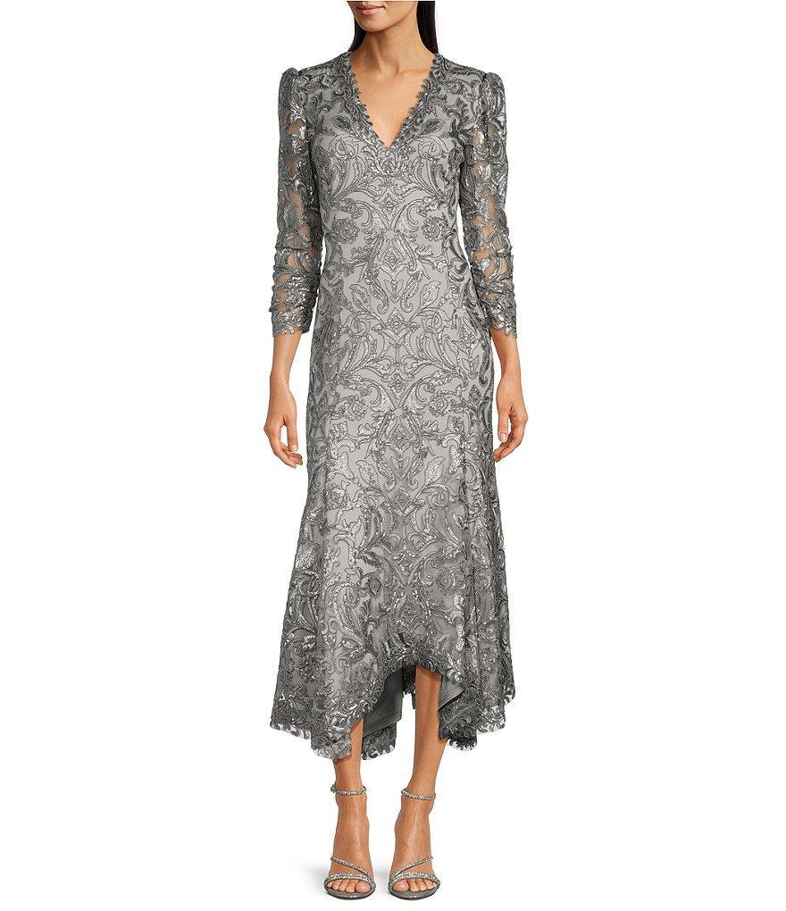 Tadashi Shoji Metallic Sequin Lace V-Neck 3/4 Sleeve Asymmetrical Hem Handkerchief Gown product image