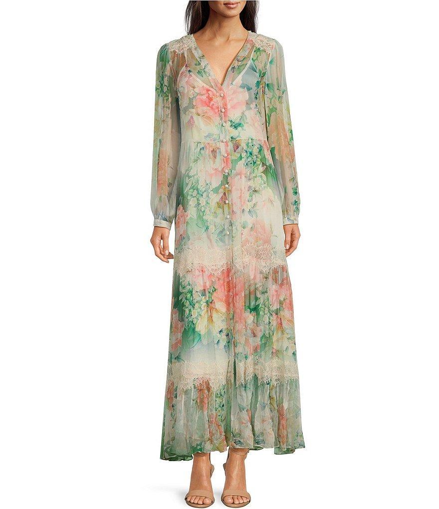 JOHNNY WAS Ruksana Lace Trim Floral Print Silk V-Neck Long Sleeve Button-Front Tiered Maxi Dress Product Image