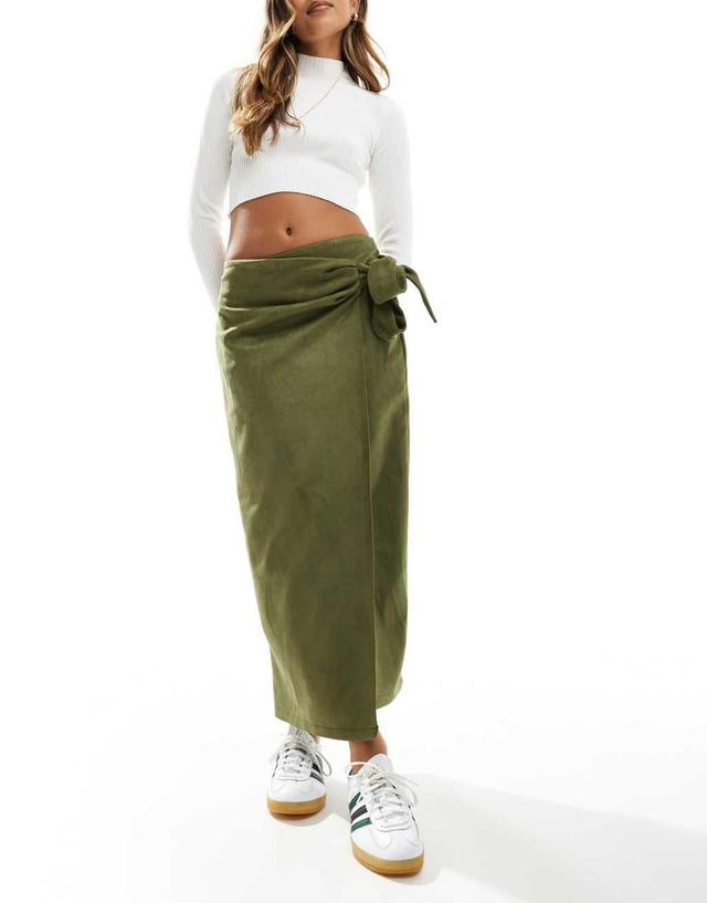 ASOS DESIGN wrap tie detail faux suede maxi skirt in khaki Product Image