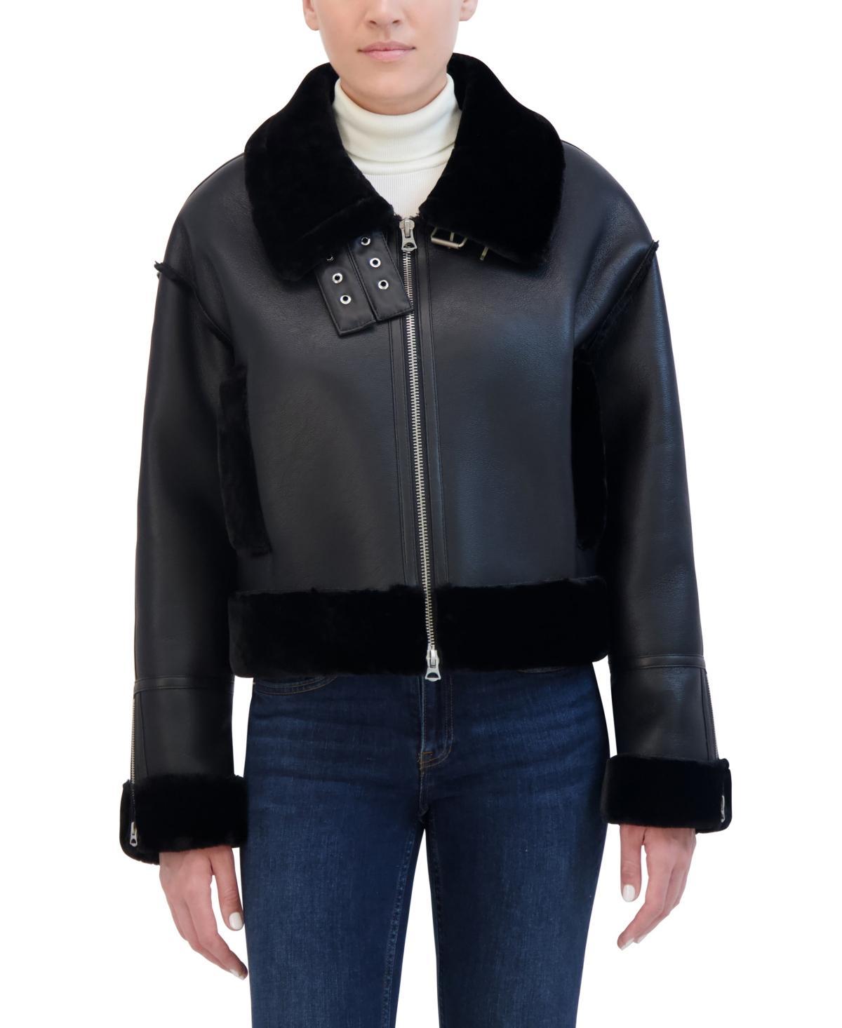 Hudson Jeans Womens Cropped Faux Leather Shearling Aviator Jacket Product Image