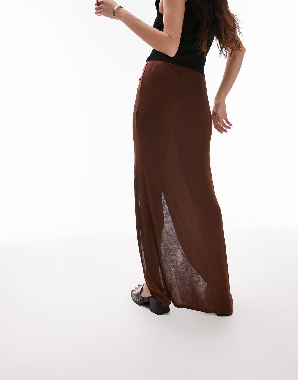 Topshop slinky twist front maxi skirt in chocolate Product Image