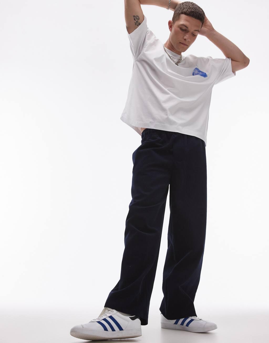 Topman wide leg cord trousers in navy Product Image