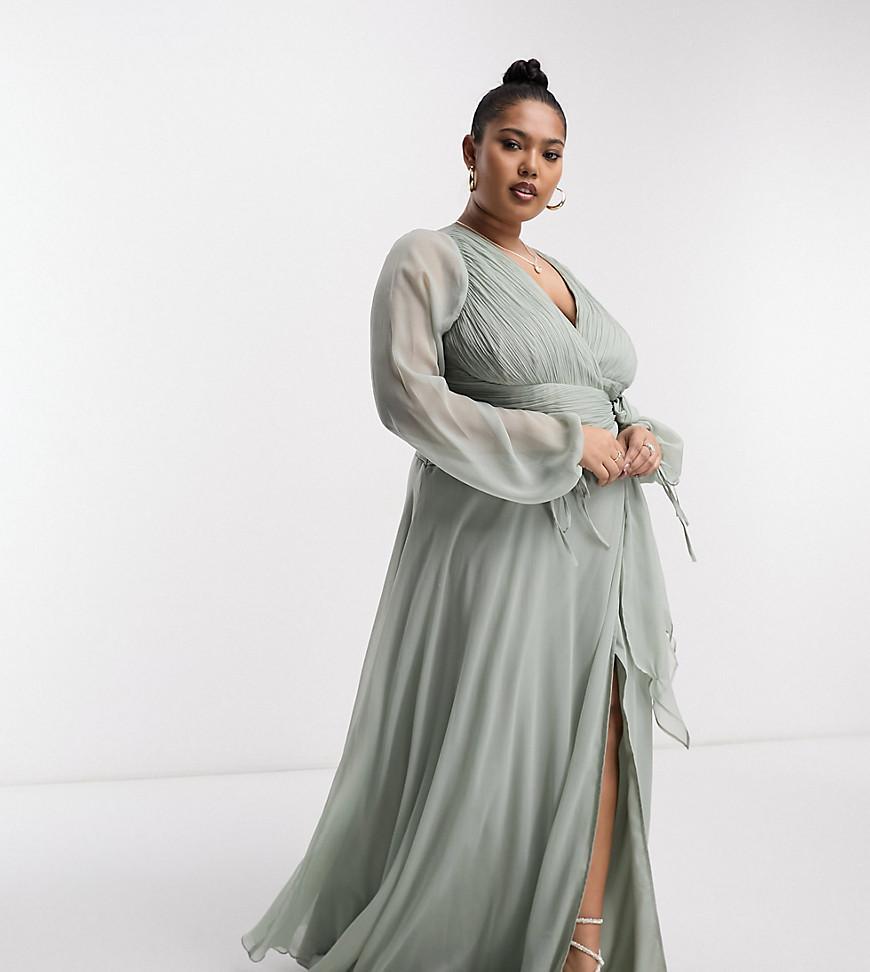 ASOS DESIGN Curve bridesmaid long sleeve ruched maxi dress with wrap skirt in sage Product Image