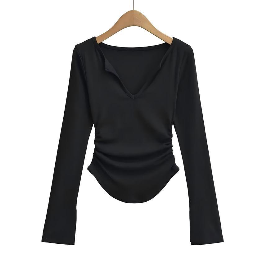 Long-Sleeve V-Neck Plain Crop Top Product Image