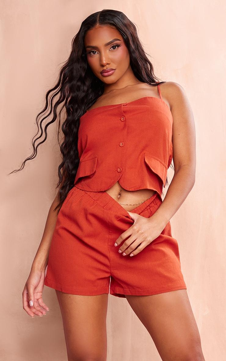 Rust Linen Strappy Button Down Romper Product Image