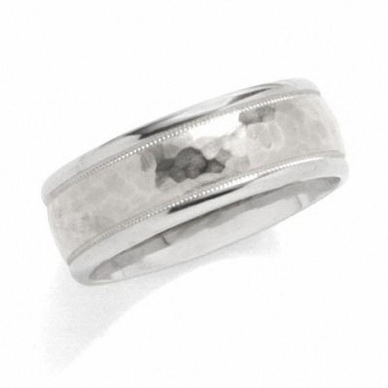 Men's 8.0mm Hammered and Milgrain Wedding Band in 14K White Gold Product Image