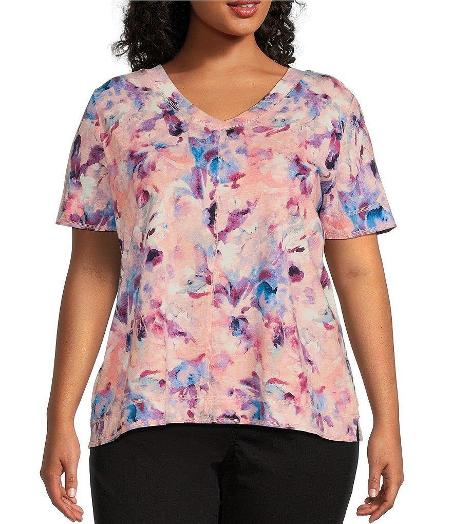 Westbound Plus Size Knit Floral Whisp Print Short Sleeve V-Neck Top Product Image