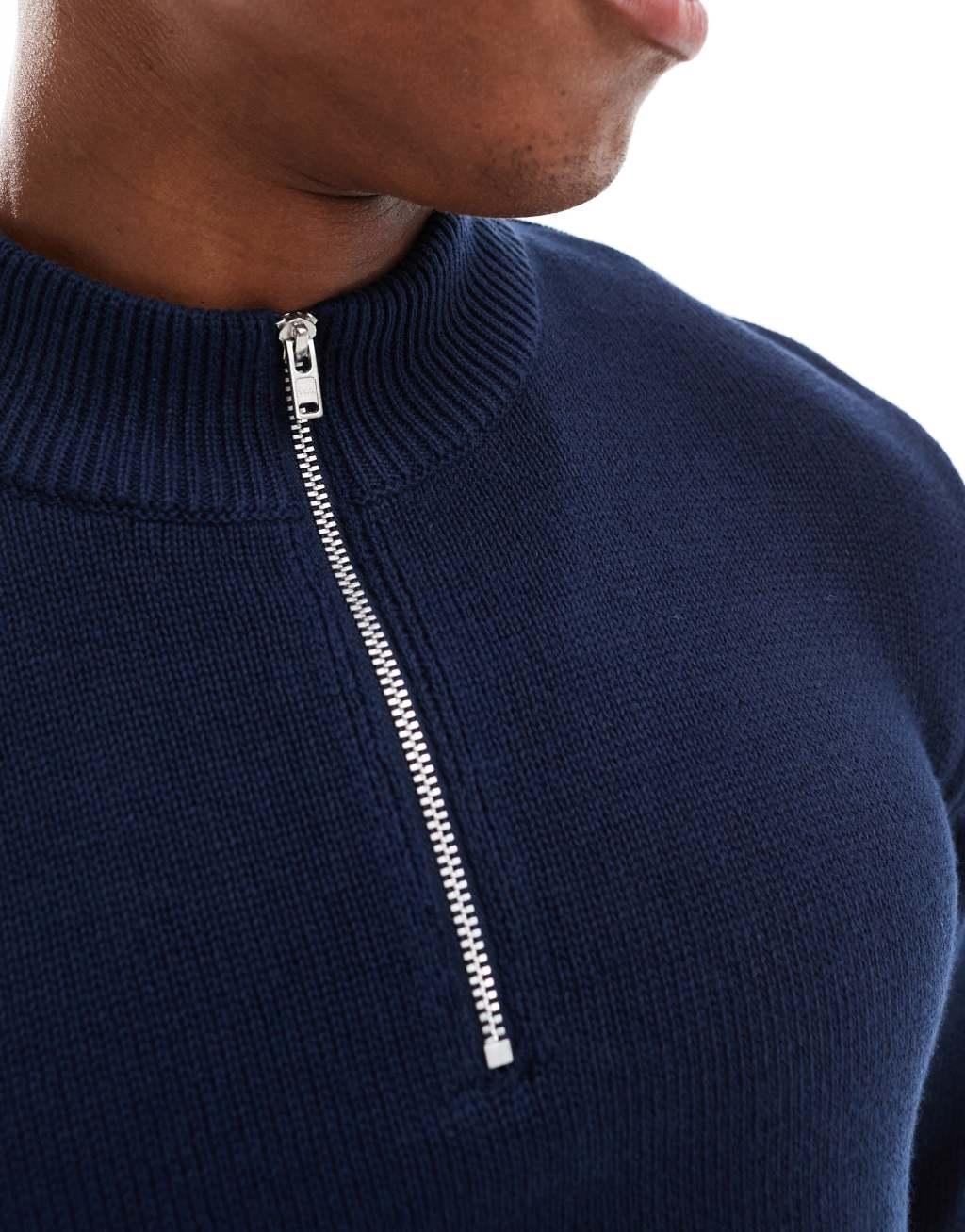 ASOS DESIGN midweight knitted quarter zip neck sweater in navy Product Image