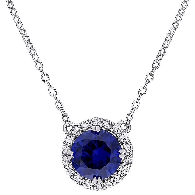 Stella Grace Sterling Silver Lab-Created Blue & White Sapphire Halo Necklace, Womens Product Image