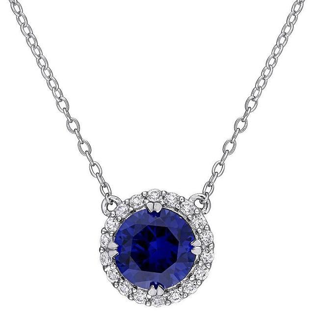 Stella Grace Sterling Silver Lab-Created Blue & White Sapphire Halo Necklace, Womens Product Image