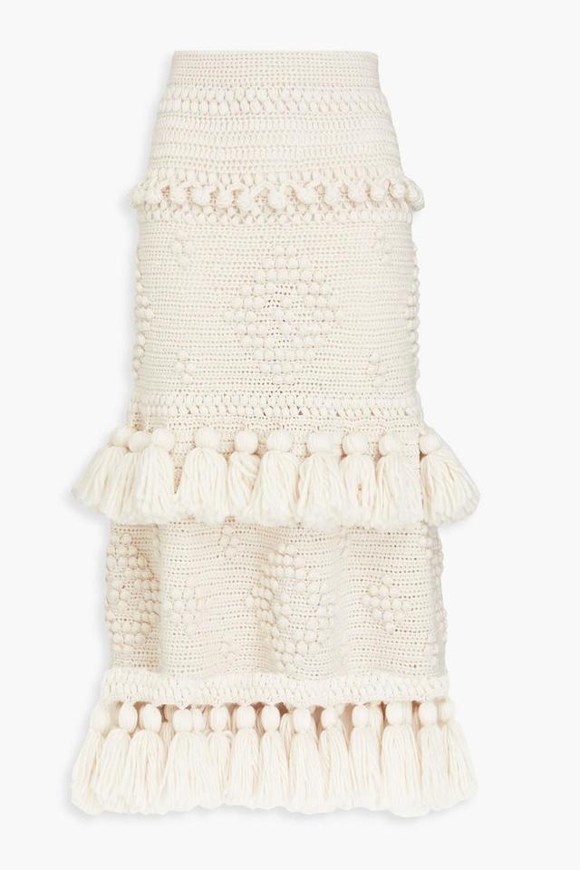 Tasseled Crochet-knit Midi Skirt In Ivory Product Image