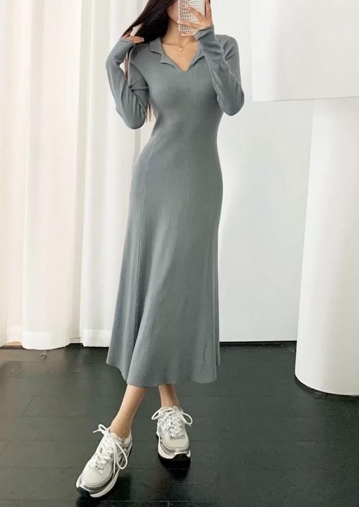 Long-Sleeve Collared Knit Midi A-Line Dress Product Image