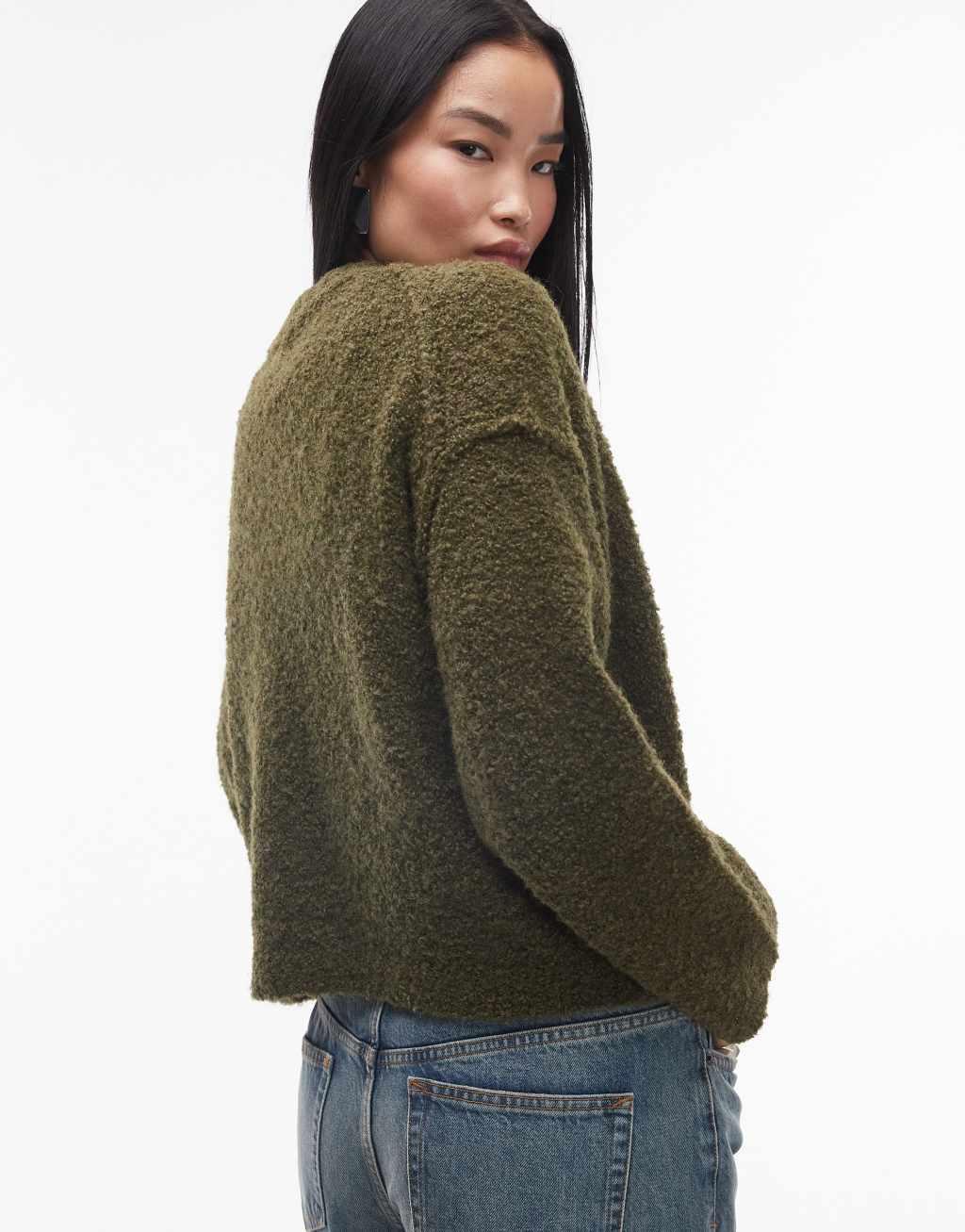 Topshop knitted high v-neck boucle sweater in khaki Product Image