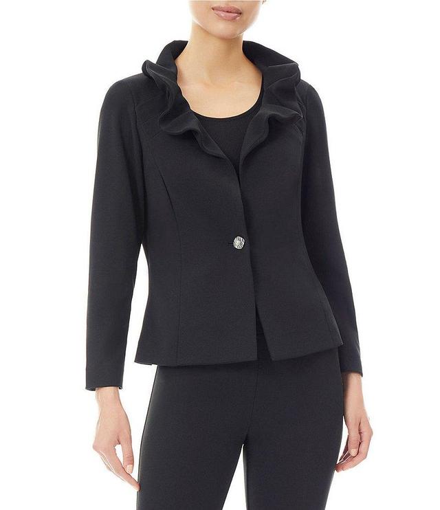 Ming Wang Deco Crepe Ruffle Collar Long Sleeve Button-Front Long Jacket Product Image