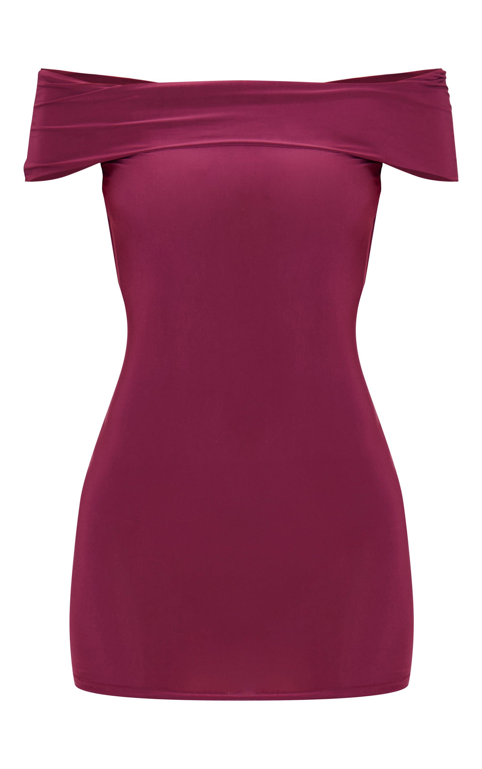 Plum Double Layer Soft Touch Bardot Twist Back Mini Dress Product Image