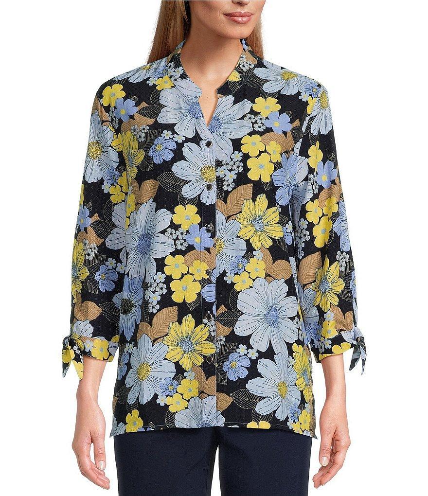 Allison Daley Floral Print Tie 3/4 Sleeve Y-Neck Button Front Top Product Image