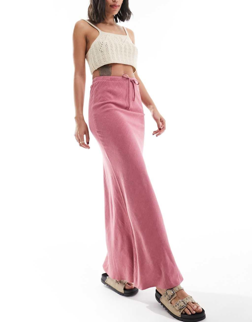 ASOS DESIGN linen look tie waist bias cut maxi skirt in rose Product Image