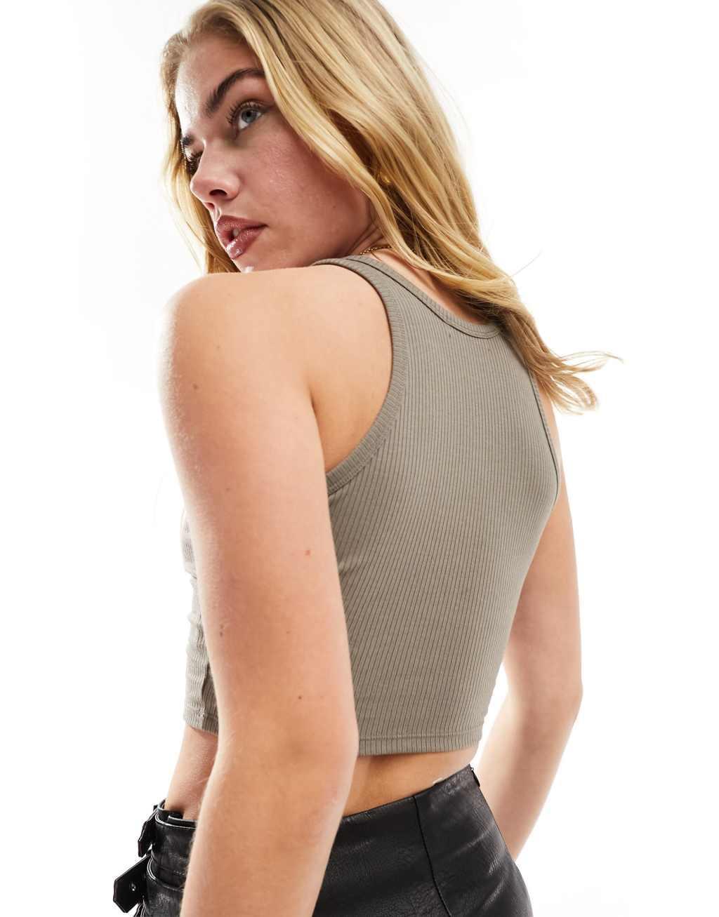 Urban Revivo round neck cropped tank top in khaki Product Image