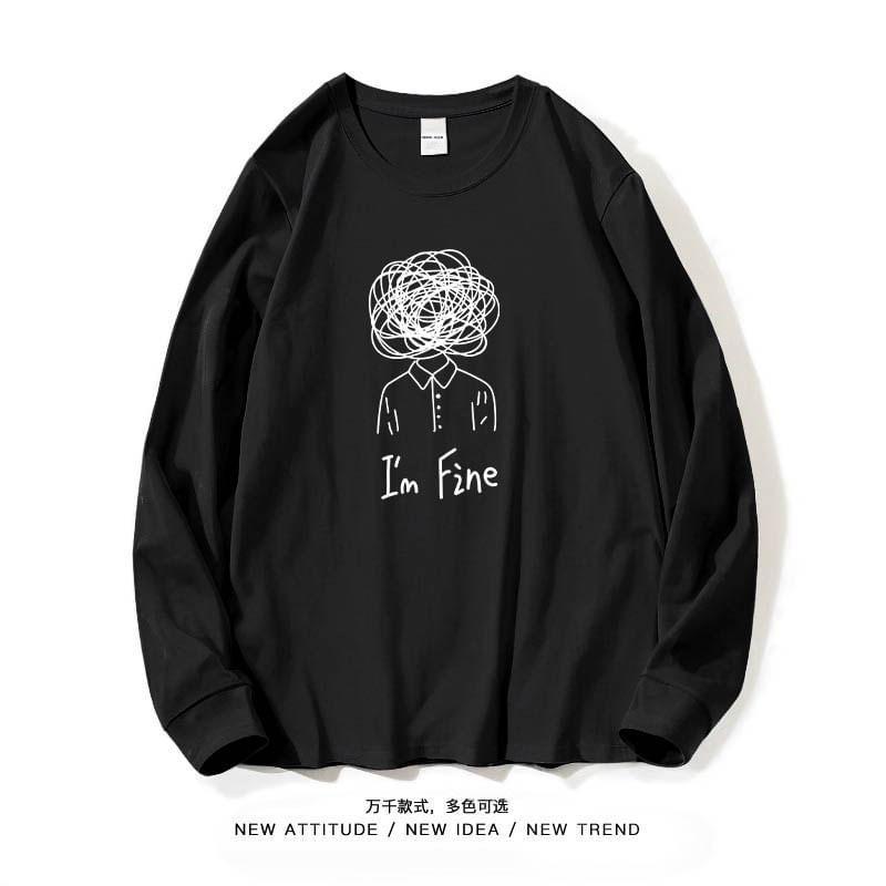 Long-Sleeve Round Neck Chinese Character Print Tee Product Image