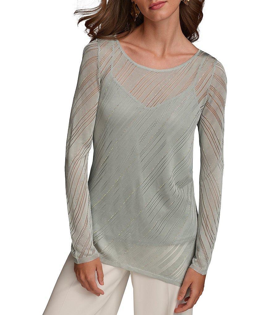 Donna Karan Knit Asymmetrical Hem Crew Neck Long Sleeve Top Product Image