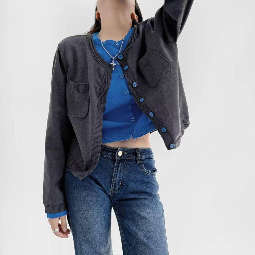 Crewneck Two Tone Button-Up Crop Jacket Product Image