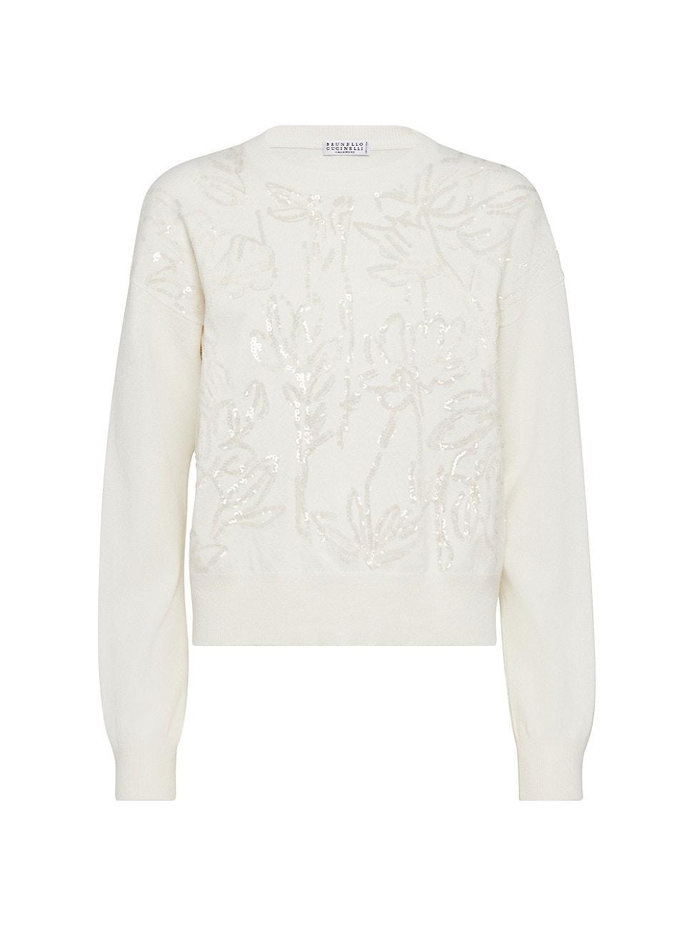 Womens Virgin Wool Cashmere And Silk Sweater With Dazzling Flower Embroidery Product Image