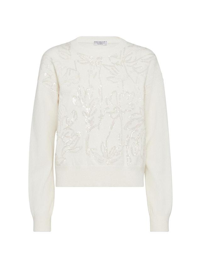 Womens Virgin Wool Cashmere And Silk Sweater With Dazzling Flower Embroidery Product Image