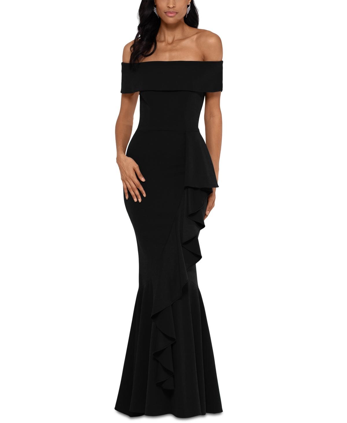 Betsy  Adam Petite Size Off-the-Shoulder Ruffled Scuba Crepe Maxi Dress Product Image