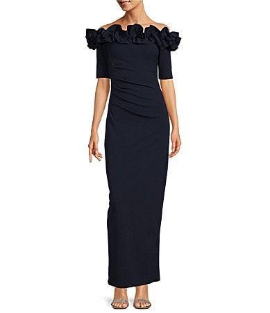 Xscape Evenings Off the Shoulder Ruffle Crepe Trumpet Gown Product Image