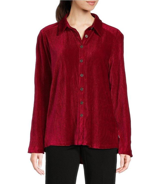 Ali Miles Knit Pleated Velour Point Collar Long Sleeve Button Front Shirt Product Image